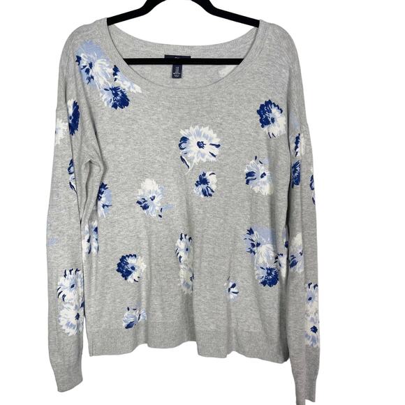 Gap Womens Medium M Gray Blue Floral Lightweight Knit Sweater Scoop Neck Cotton - Picture 1 of 6